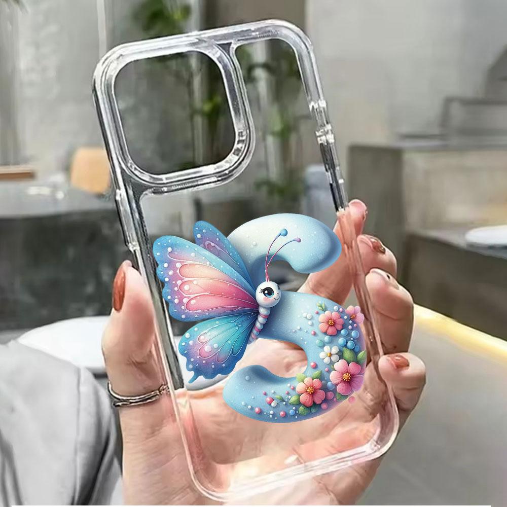 For Samsung Galaxy A54 A14 A34 A24 Blue Butterfly Flower Letters A-Z Couple Phone Case Transparent Clear Silicone Bumper Cover