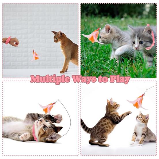 Cat Collar Feather Toy Interactive Cat Feather Wand Toy Hands Free Cat Teaser Wand with Bell Adjustable Collar for Indoor Kitty Solo Play