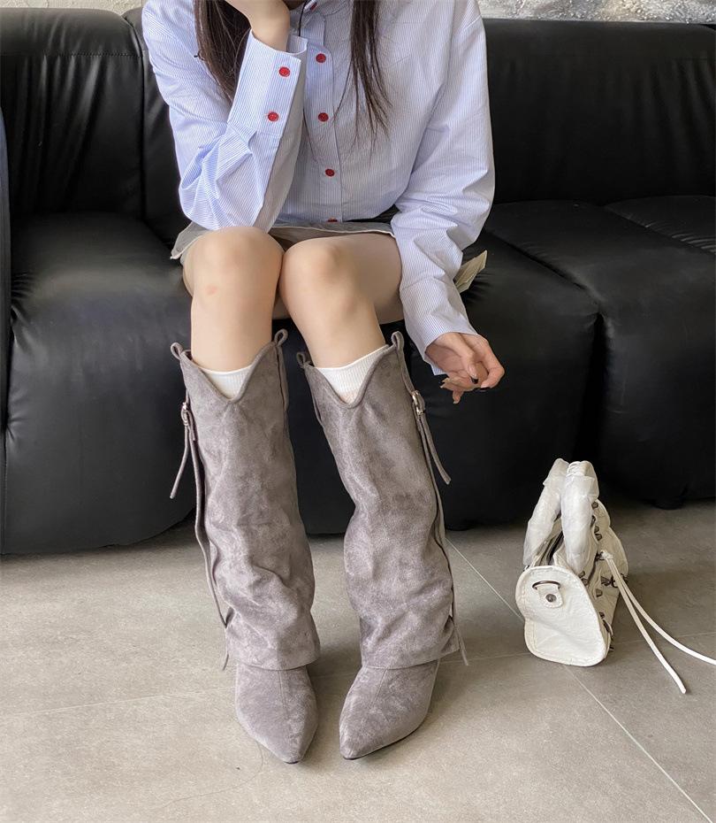 Retro Western Cowboy Style Big Tube Pants Boots Women's Autumn Straight Tube But Knee Cool Spicy Pointed Knight Boots