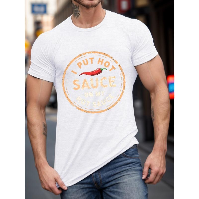 European sizes Men's Plus Size Summer Casual T-Shirt with Hot Sauce Graphic, Crew Neck, Short Sleeve, Slight Stretch