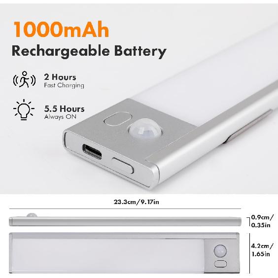 2 Pack Under Cabinet Lighting, 3 Colors & Dimmable Motion Sensor Light Indoor, 900mAh Rechargeable Under Cabinet Lighting Magnetic for Kitchen,