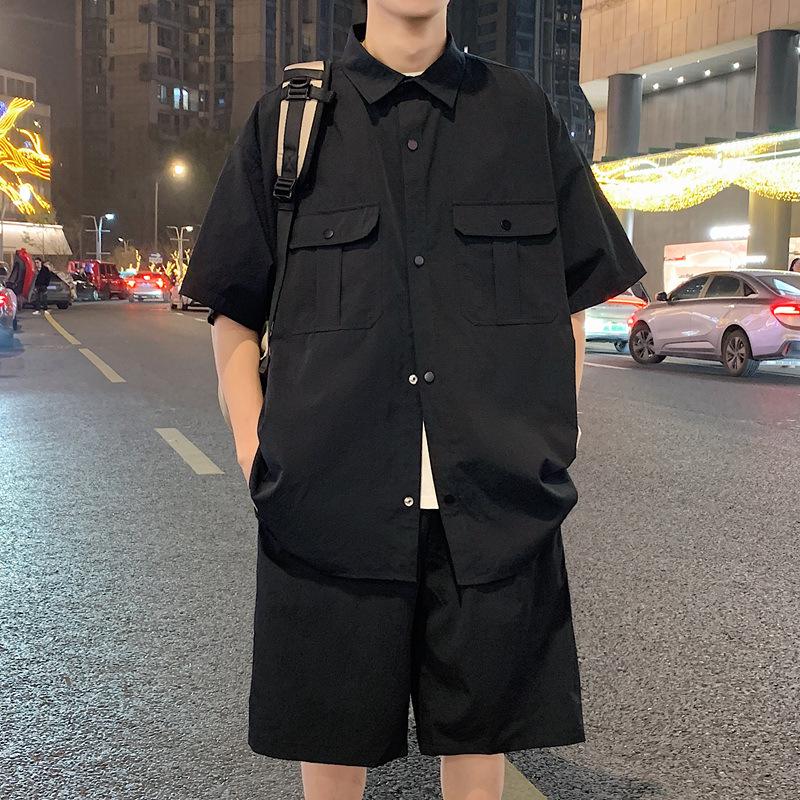 Men's Quick-Dry Outdoor Two-Piece Set: Lapel Short Sleeve Shirt & Loose Shorts