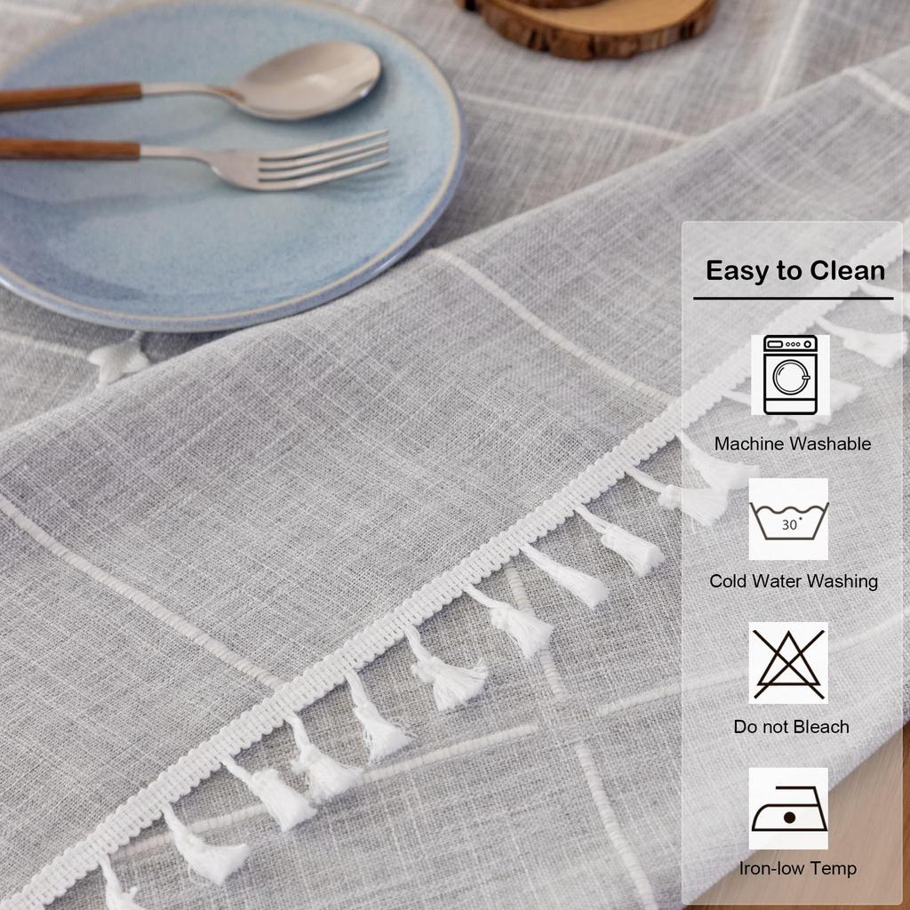 Baumwolle Leinen Runde Tischdecke, Boho Waschbare Karierte Tischdecke mit Quasten Bauernhaus Rustikal Tischdecken für Party Hochzeit