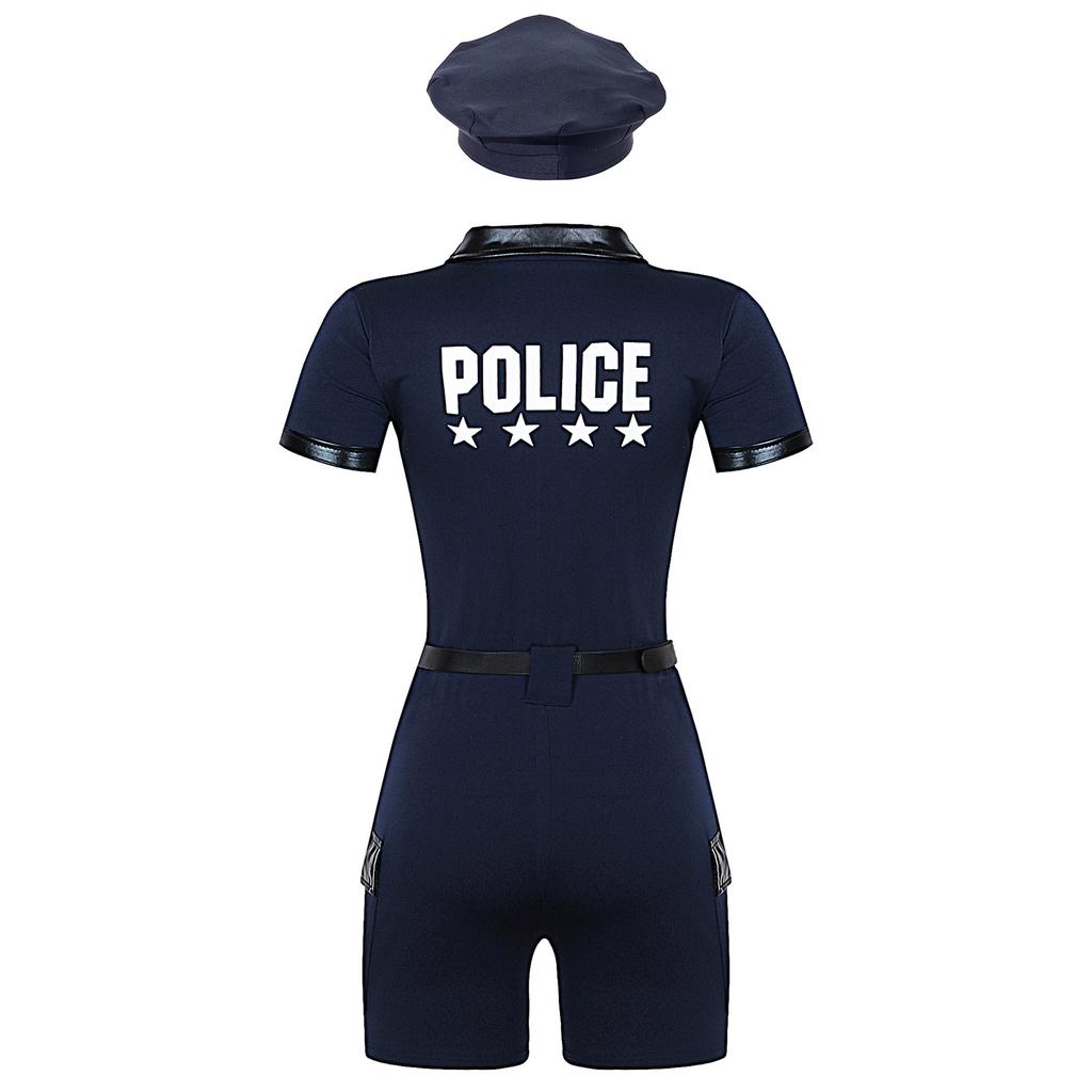 S-4XL 4Pcs Women Cop Outfits Policewoman Role Play Costume - Zipper Short Sleeve Jumpsuit with Belt, Purse, Hat Lingerie Uniform