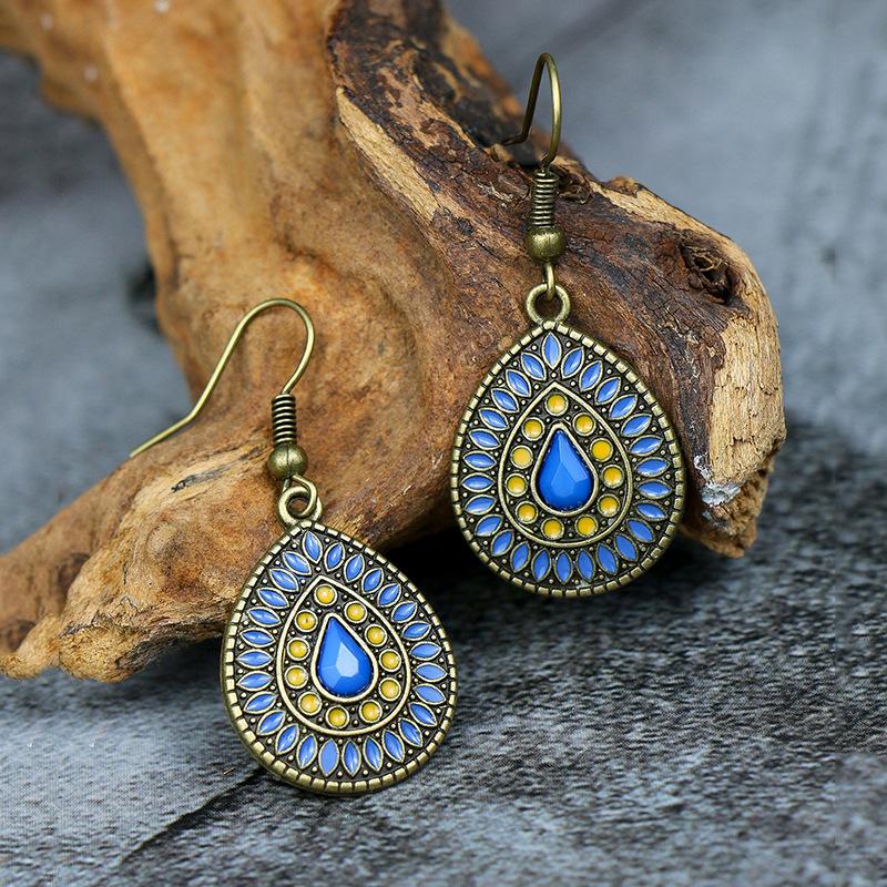 Colorful Ethnic Vintage Round Geometric Flower Drop Dangle Earrings For Women Crystal Enamel Ornament Bohemian Wedding Zircon