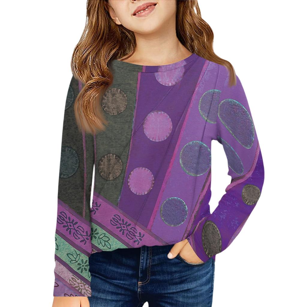 Girls' Long Sleeve Tee - Pleated Round Neck Casual Top