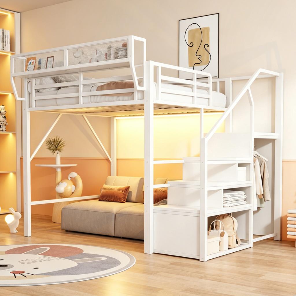 Loft Bed 140x200 with LED Light Strip, Safety Ladder and Flexible Storage Metal Bed Adult Bed Children's Bunk Bed White