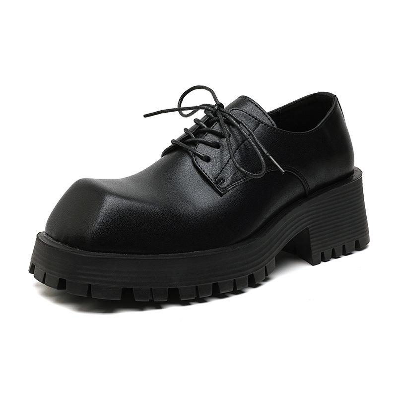 Men Fashion Original Leather Shoes  Designer Square Toe Shoe Punk Rock Dress Black Trendy Platform Sneakers Youth Footwear