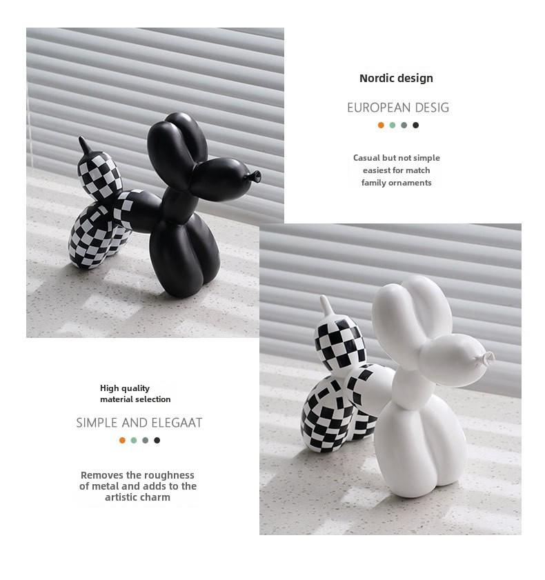 Plaid Balloon Dog Ornaments: Black & White Resin Decor for TV Cabinets & Living Rooms