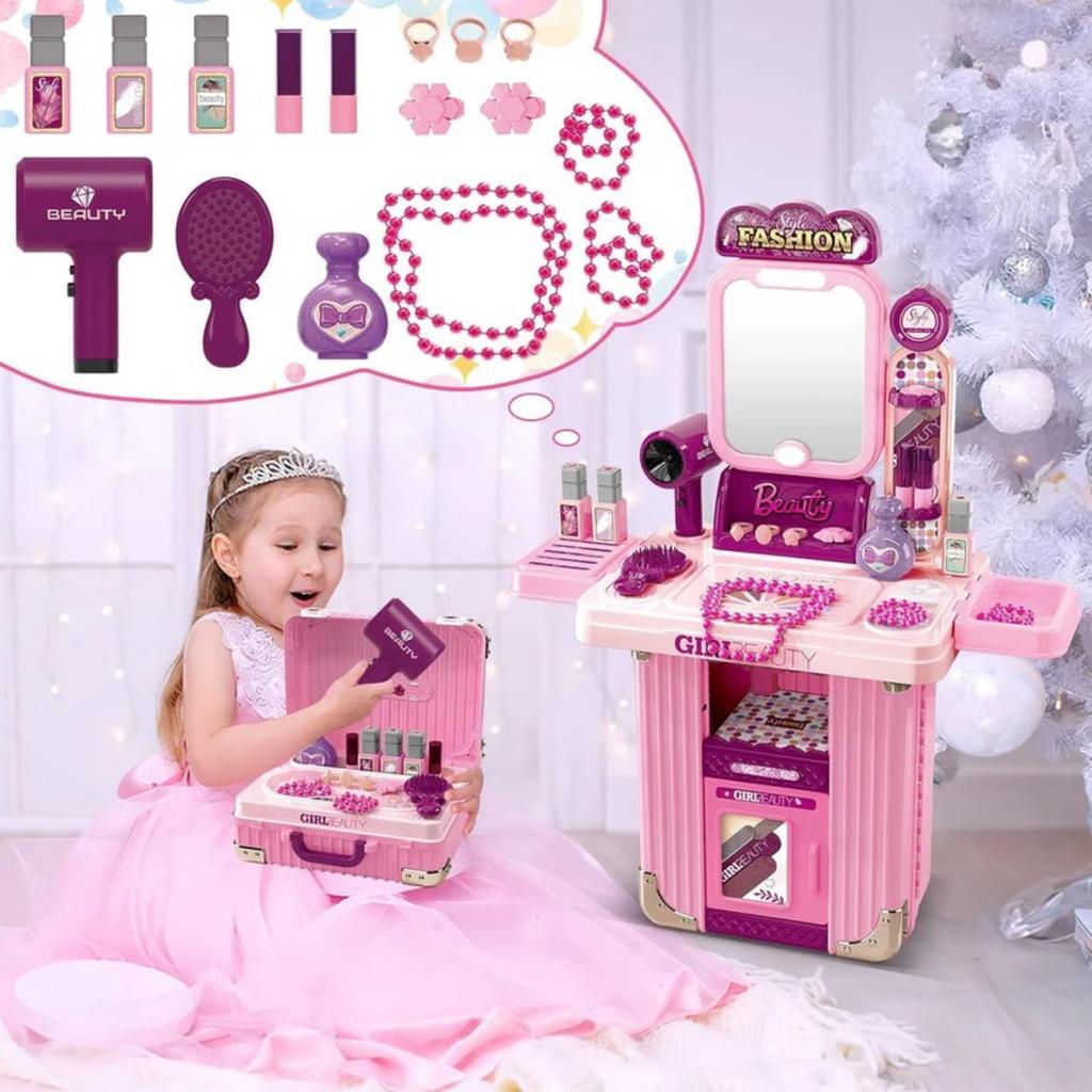 3 In 1 Toddler Vanity Makeup Table Girls Vanity & Suitcase Fashion Set Pretend Play Travel Suitcase Fashion Beauty Set for Girls