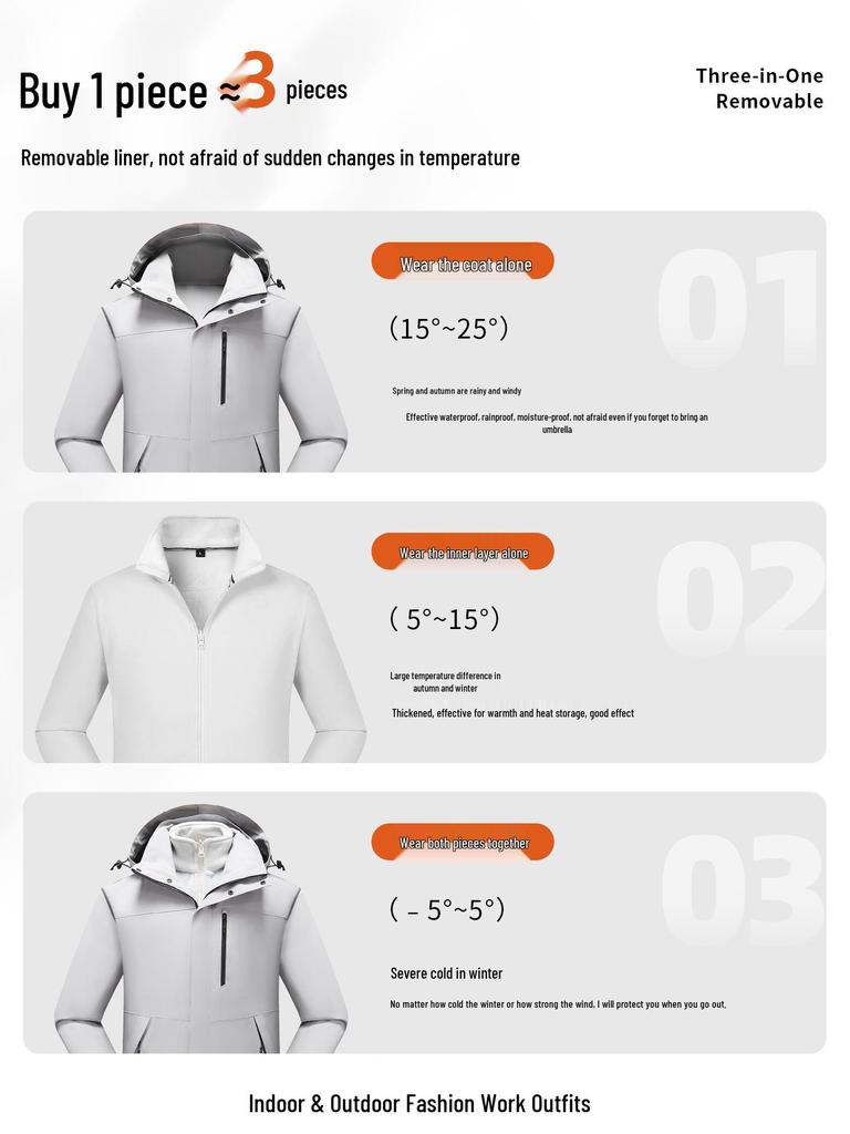 Men's Custom Three-in-One Mountain Climbing Suit for Autumn/Winter with Velvet and Logo Print