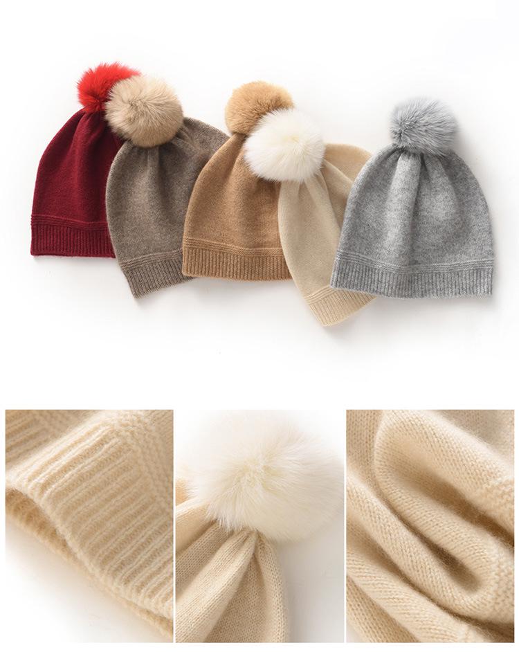 Women's Winter Cashmere Hat with Fox Fur Pom-Pom, Knitted Wool Ear Protection, Slimming and Warm Postpartum Design