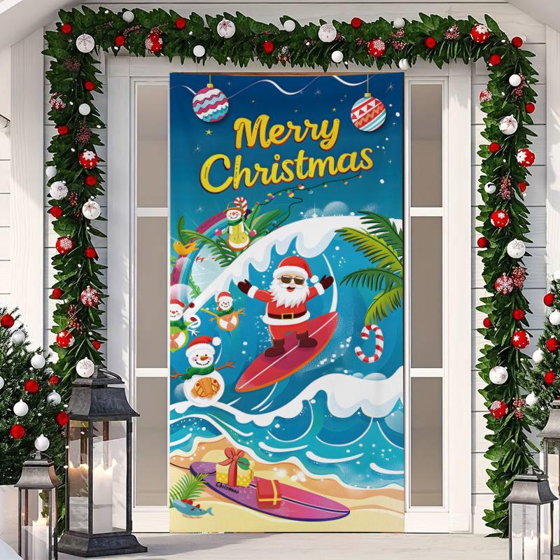 1 ks Veselé Vánoce Kryt na dveře Banner Polyester Vzor Santa Clause pro Štědrý večer Novoroční sváteční párty Vchodové dveře Domácí nástěnná dekorace