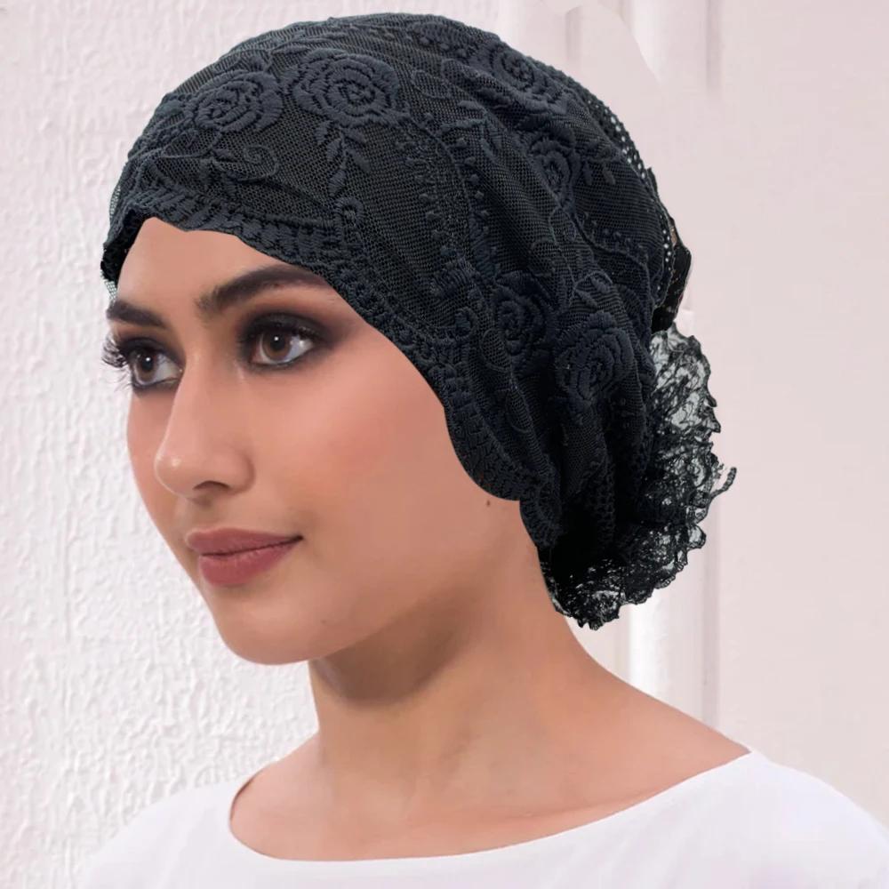 Embroidery Lace Turban Cap for Women Summer Breathable Head Wraps Bonnet