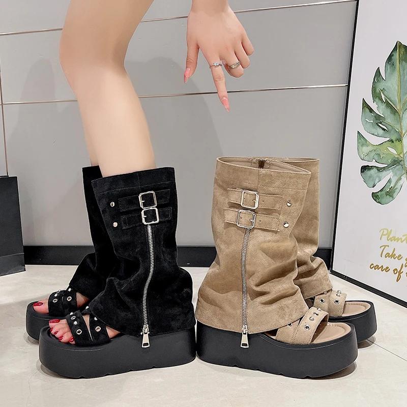 Fashion 9CM Women Platform Motorcycle Boots Wedges Heels Mid Calf Boots Woman Summer ZIP Detachable Chunky Sneakers Gothic Botas Mujer