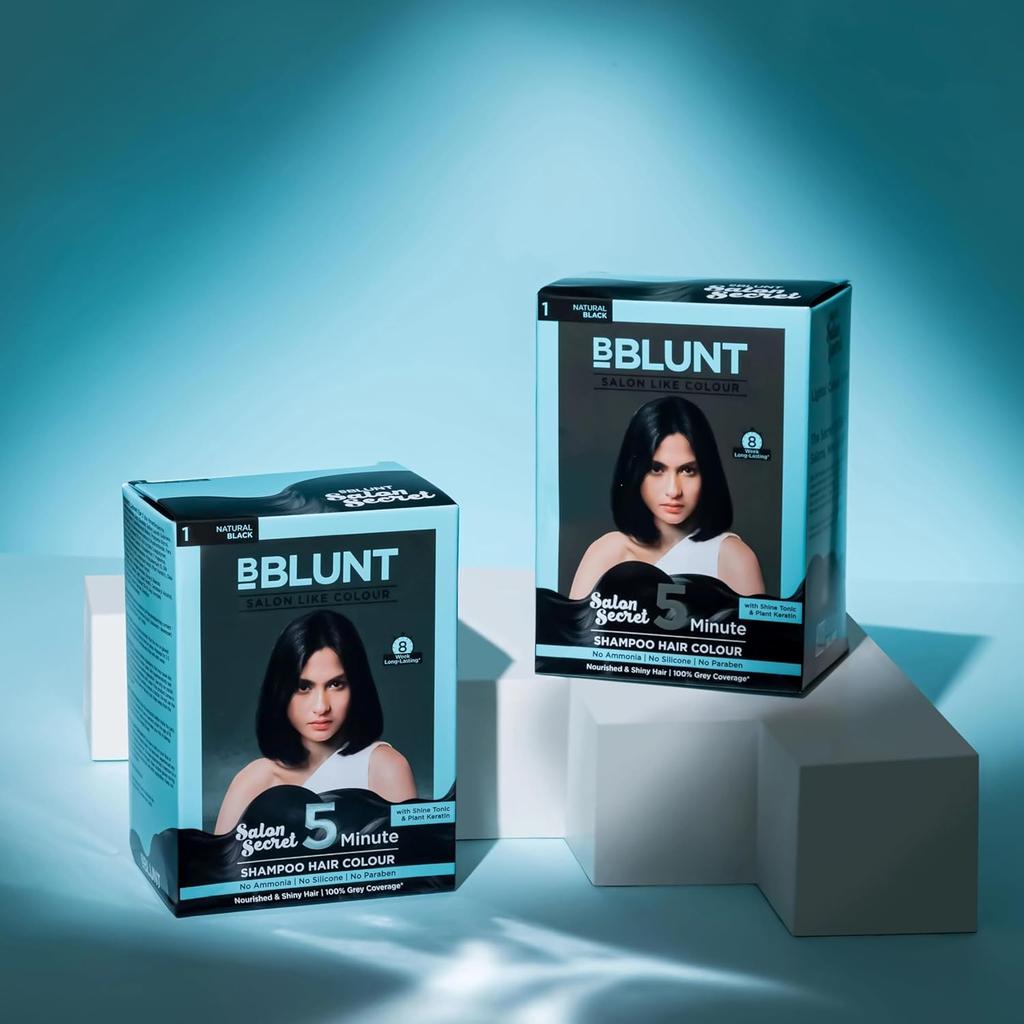 Bblunt Natural Black 5 Minute Shampoo Hair Color, 20 Ml X 5 Sachets Pack of 2, Quick Gray Coverage And Shine At Home