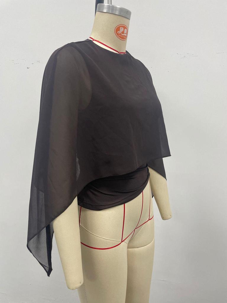 2026 Summer Women's Cape Sleeve Chiffon Top: Round Neck, Loose, Elegant Irregular Design