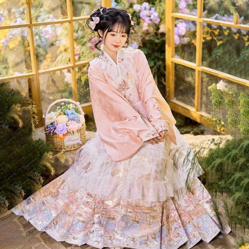 Ming Dynasty Style Hanfu Set With Pipa Sleeves Woven Gold Ma Mian Skirt Floral Brocade Embroidery Women