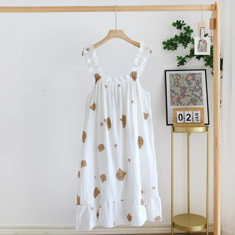 Ladies Summertime Cotton Yarn Pure Cotton Thin Suspender Nightdress Loose Mid-length Sweet and Lovely Long-cut Home Dress Camisola Sexy