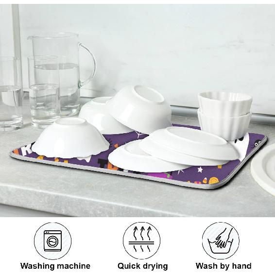 Happy Halloween Purple Pumpkin Fall Dish Drying Mat 16x18 for Kitchen Counter Trick or Treat Spooky Ghost Reversible Dishes Draining Mats Medium
