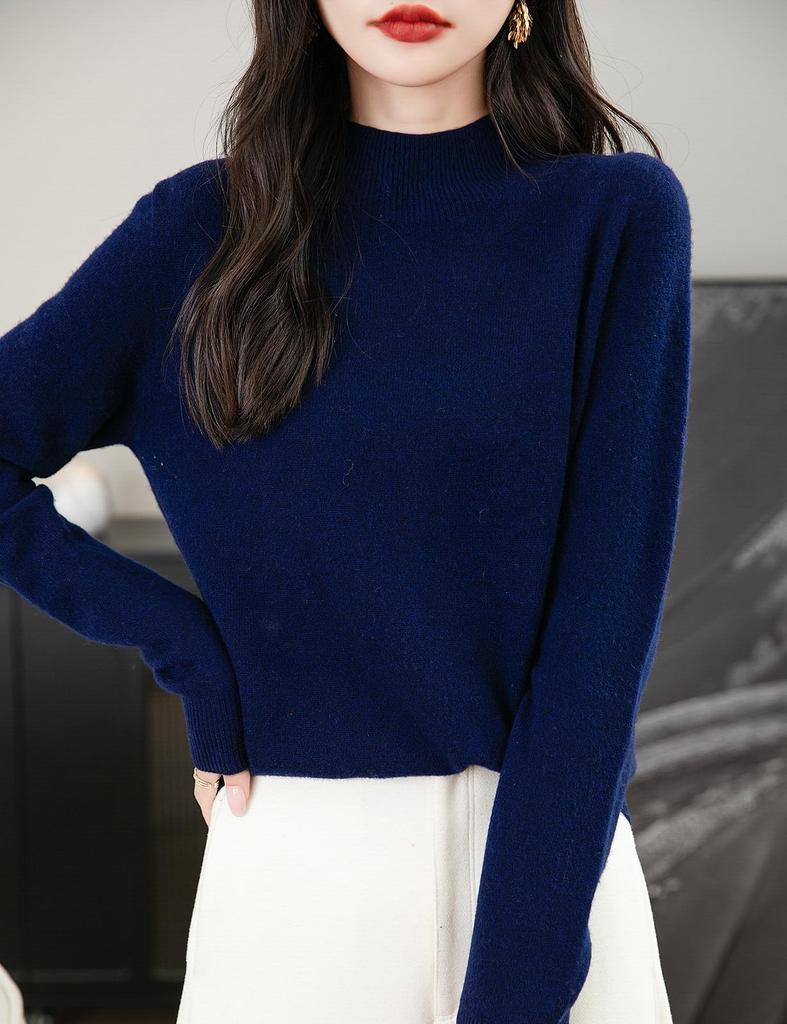 Yokbeer Merino Wool Seamless Mock First Long Knit Pullover Top for Women's 100% Sweater, Neck, Line, Ready-to-Wear, Sleeve, Cashmere-Like Fall/Winter