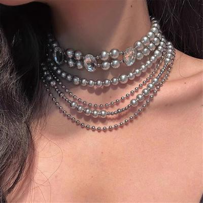 Tooxika Multi-layer Layered Grey Pearl Splicing Beaded Necklace Light Luxury Temperament Collarbone Chain For Women