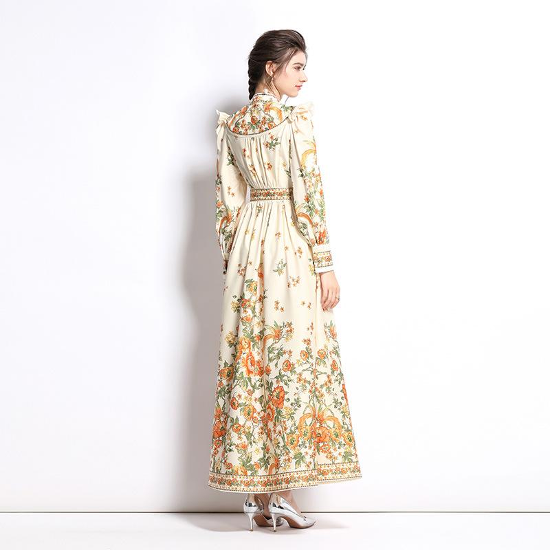 V-neck Dress Ethnic Style Printing Handmade Bag Buckle Embellishment Comfortable Breathable Long-sleeved Slim Autumn Long Skirt