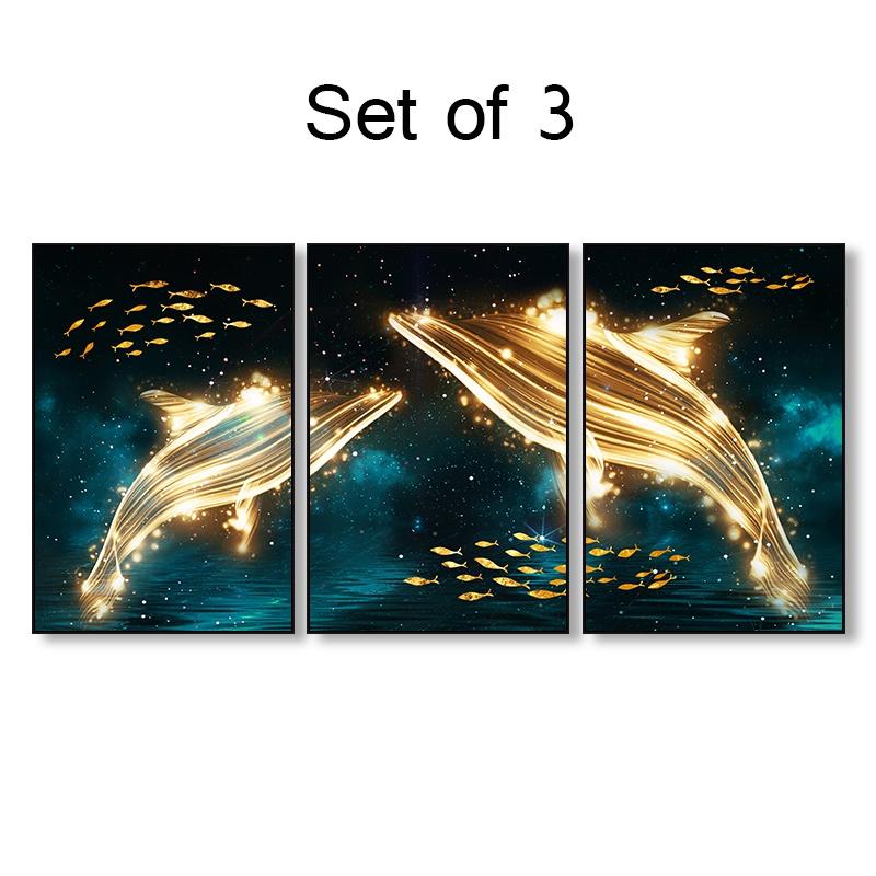 Set Of 3 Blue Abstract Ocean Gold Whale And Fish Luxury Living Room Aisle Home Decoration Wall Art Print Picture Canvas Poster Painting