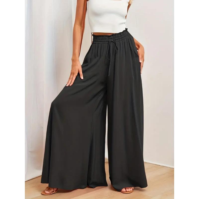 Wide Leg Drawstring Pants, Casual Loose Slant Pockets Pants For Spring & Summer, Women's Clothing
