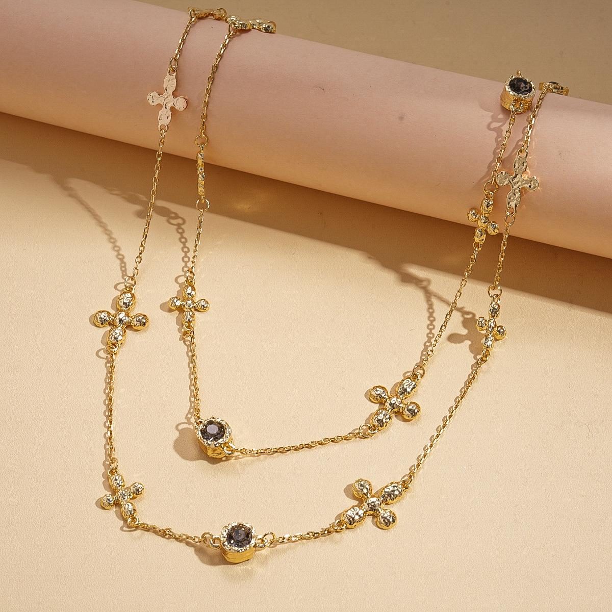 Metallic diamond-set round cross stacked sweater chain versatile personality necklace