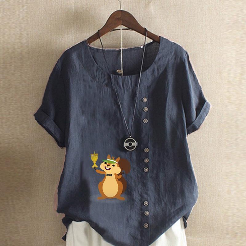 Women's Fashion Round Neck Short Sleeve T-shirt Casual Cotton Linen Graphic Shirt Leisure Loose Squirrel Prined Summer Blouse Tops