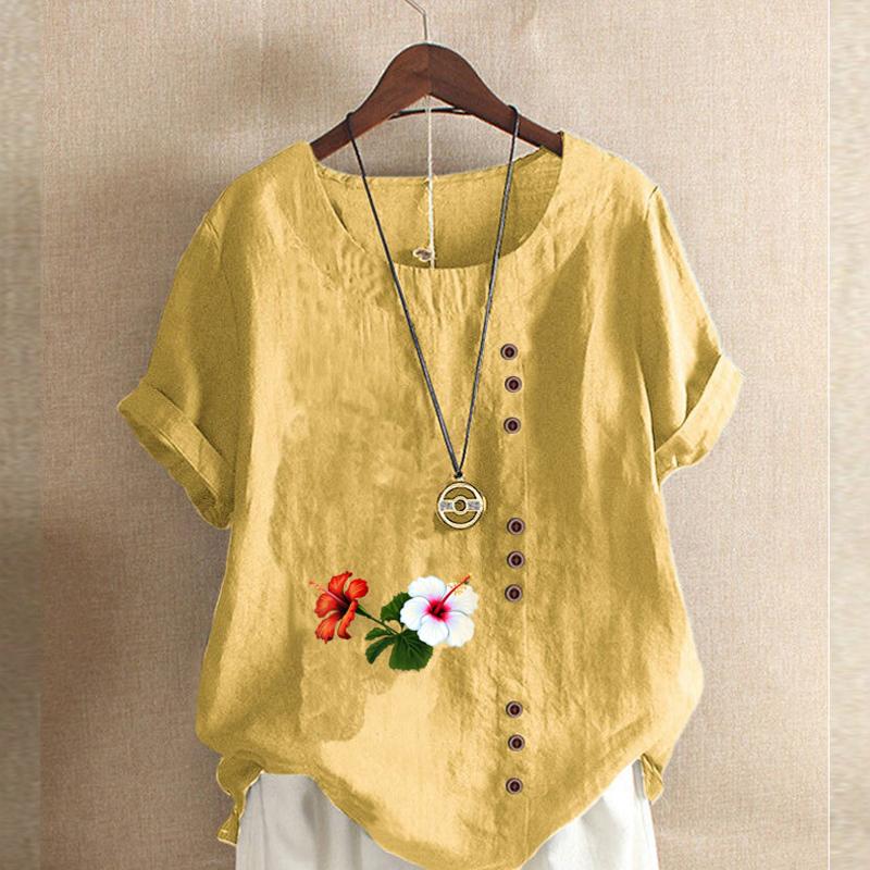 Women's Fashion Round Neck Short Sleeve T-shirt Casual Cotton Linen Graphic Shirt Leisure Loose Flowers Prined Summer Blouse Tops