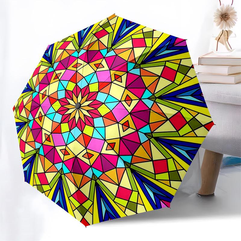 

1pc Colorful Kaleidoscope Auto-Folding Umbrella with 3-Fold Design, Iron Frame, Outdoor Use, Festival Gift, Suitable for Fans, Travelers, Daily Use, P