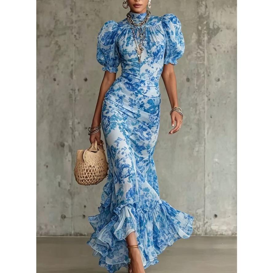 YYFS Women's Fashion Summer Spring Flower Pattern Print Short Sleeve High Neck High Waist Casual Dresses