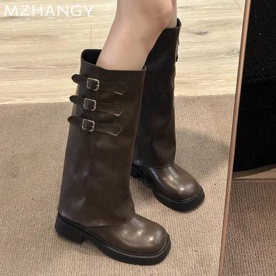 Fashion Winter Women Leather High Boots Flats Knee High Fashion Sheos Women 2025 Trend Chelsea Boots New Mujer Snow Motorcycle Boots