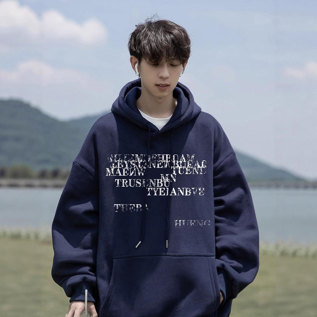 Letter Hooded Sweater Men's Autumn and Winter New Hat Rope Design Loose Fleece Thickened Coat