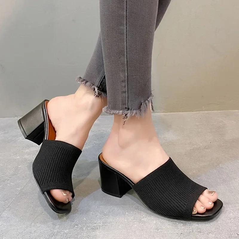 Knitting High Heels Slippers Women Shoes Summer Peep Toe Dress Sandals 2024 Fashion New Beach Chunky Walking Zapatos Femme Pumps