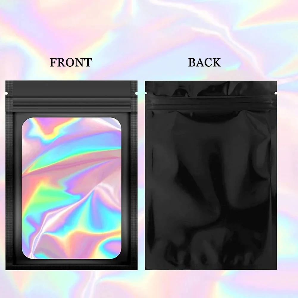 100Pcs Holographic Ziplock Bag Plastic Laser Iridescent Zip Bags for Manicure Eyelash Display Earrings Ring Jewelry Storage Bags