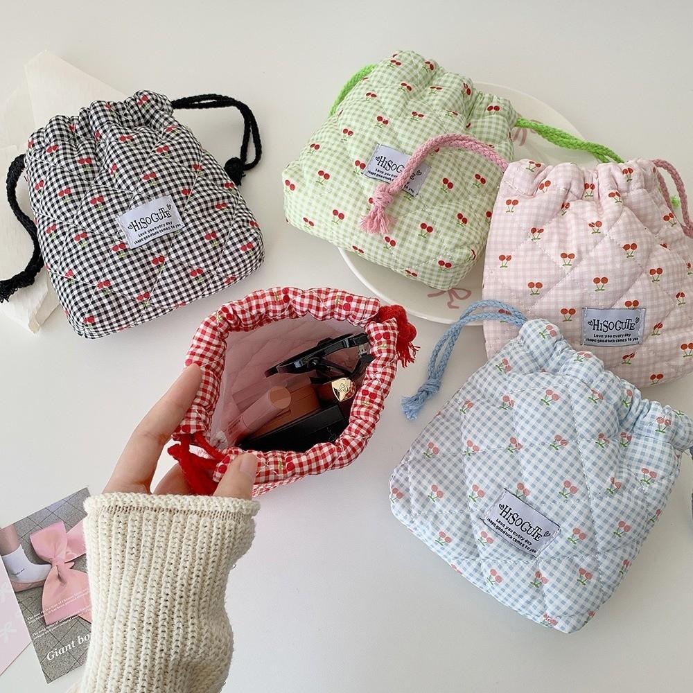 Portable Cherry Drawstring Pouch Multi-purpose Large Capacity Makeup Lipstick Storage Bag Cosmetic Bag