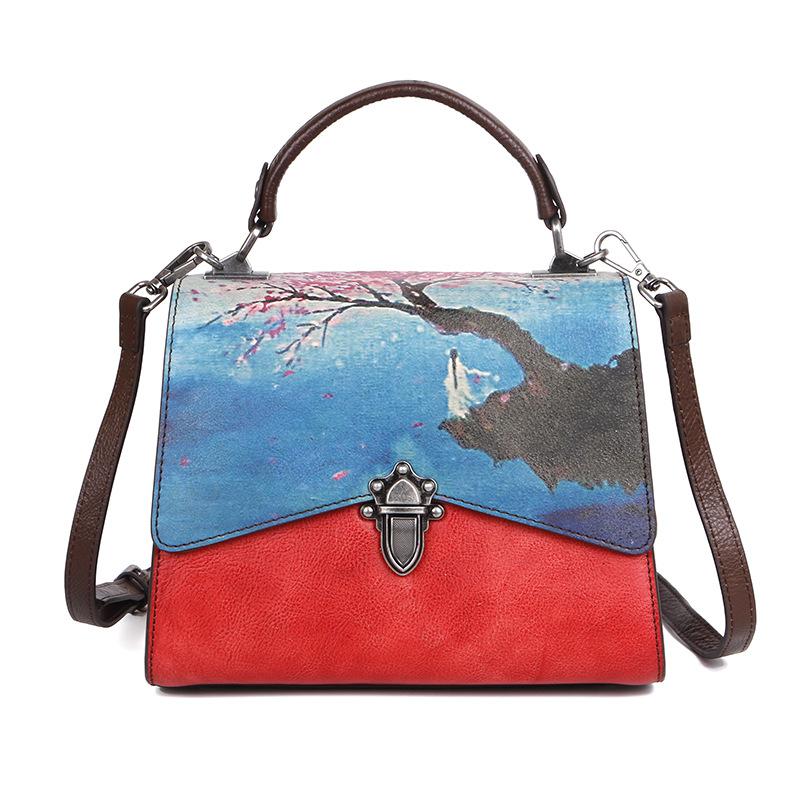 Johnature Vintage Genuine Leather Landscape Print Flap Bags For Women Retro Handbag Cowhide Shoulder & Crossbody Bags
