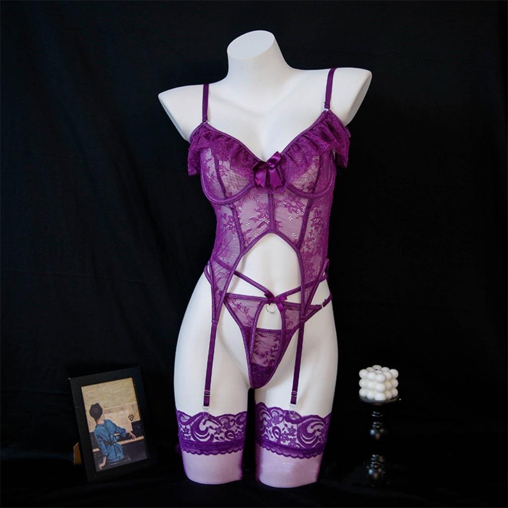 Sexy Purple Hollow Steel Ring Bra Perspective Sexy Lace Suit Women's Free Open Crotch Onesie