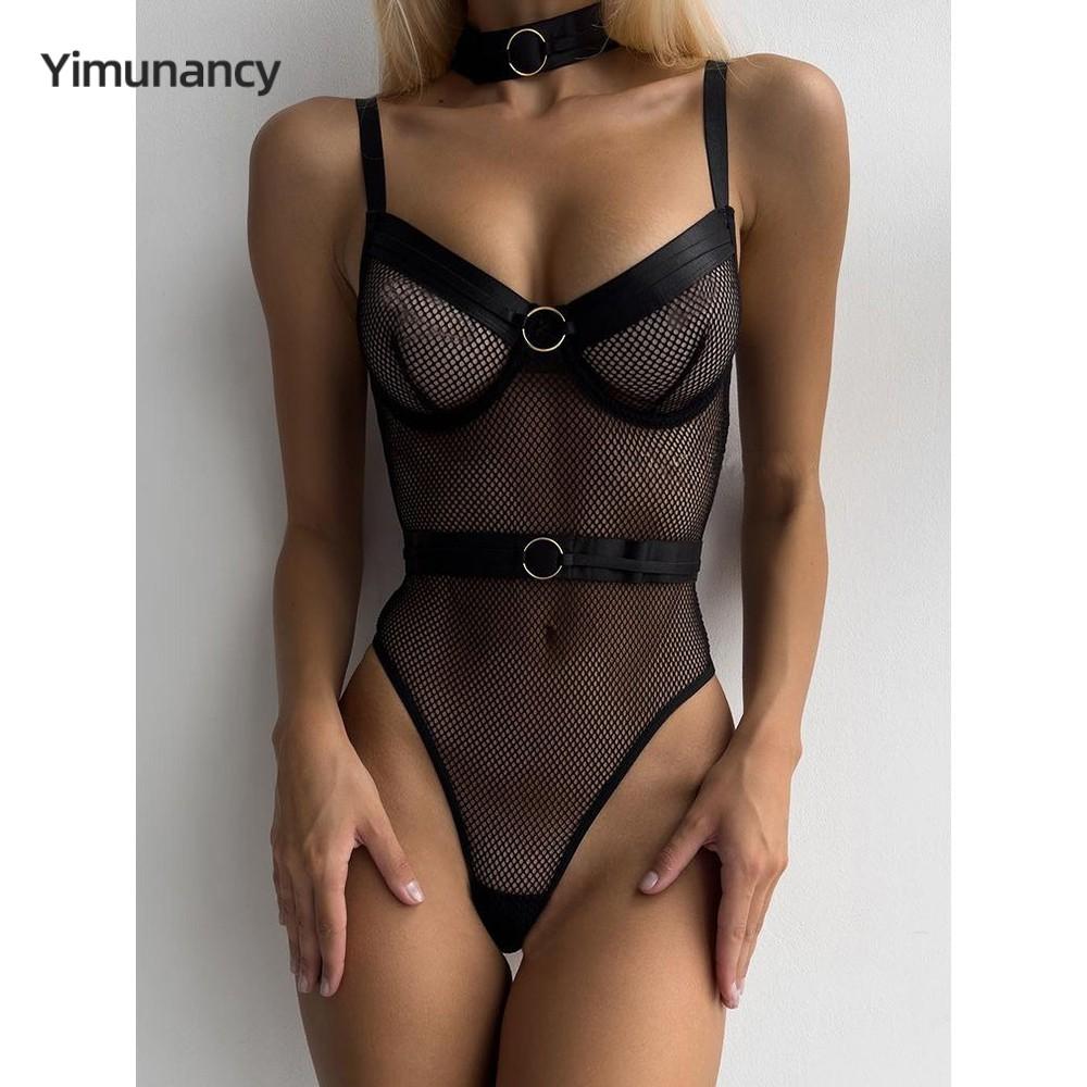 Yimunancy Transparent Mesh Bodysuit Women Backless Gothic Skinny Sexy Bodysuit Body Femme