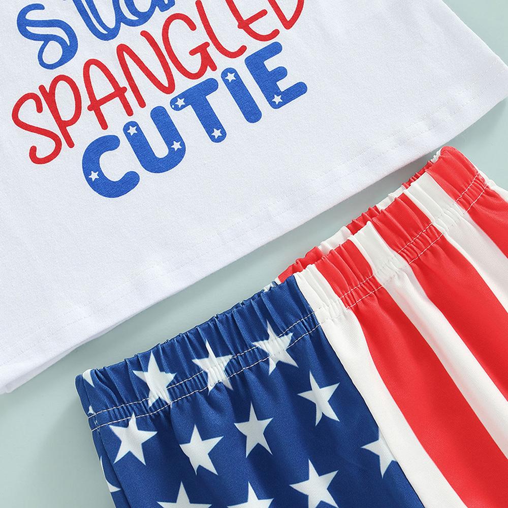 Completo da 2 Pezzi per Bambina con T-shirt Stampata con Lettere e Fiocco e Pantaloni a Zampa d'Elefante Stampati con Stelle e Strisce per Bambini da 1 a 5 Anni