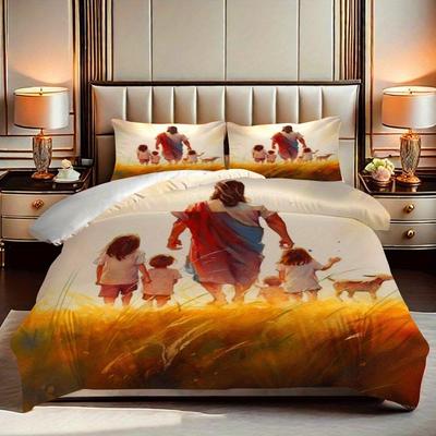 2/3pcs Jesus and Jesus Printed Quilt Cover Set, HD Digital Printed Quilt Cover Set Includes Quilt Cover and Pillowcase