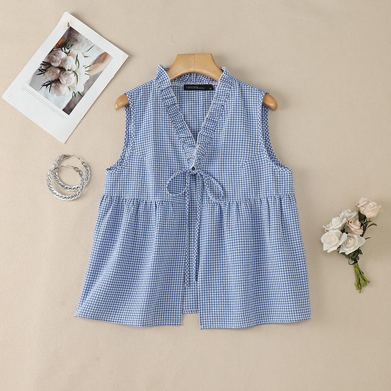 ZANZEA Women Plaid Print Casual V-Neck Sleeveless Blouse