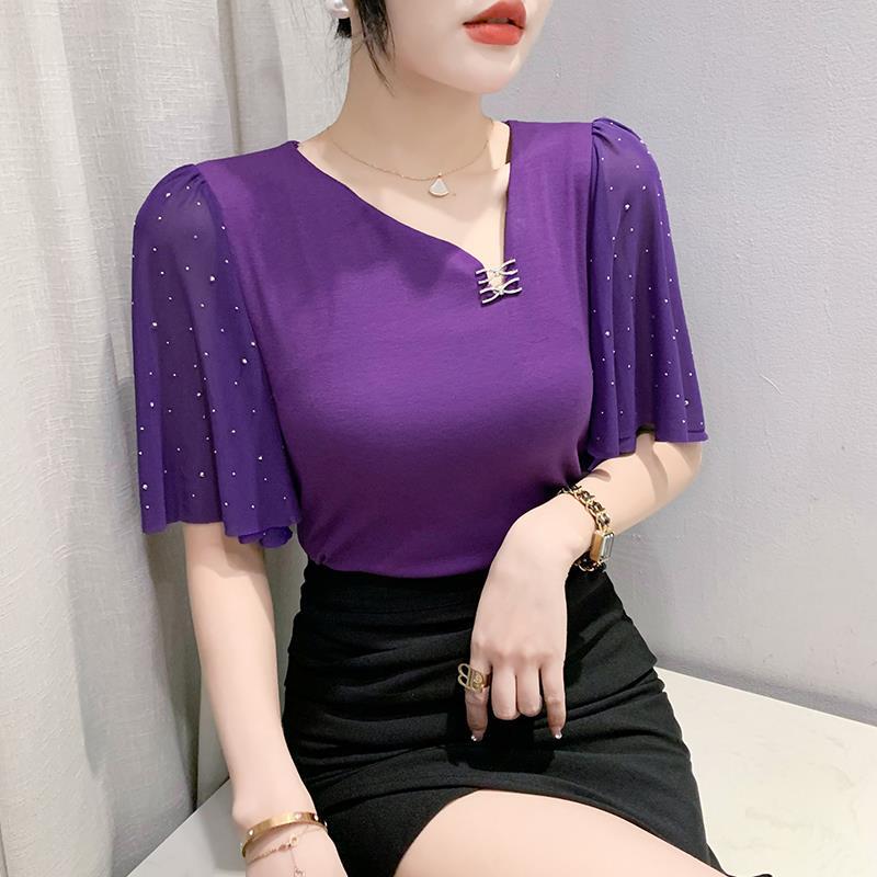 

Летняя футболка с V-образным вырезом 2024: Китайский стиль, Сетчатый дизайн, Рукав «летучая мышь», Горячая фиксация, Приталенный силуэт 2XL фиолетовый