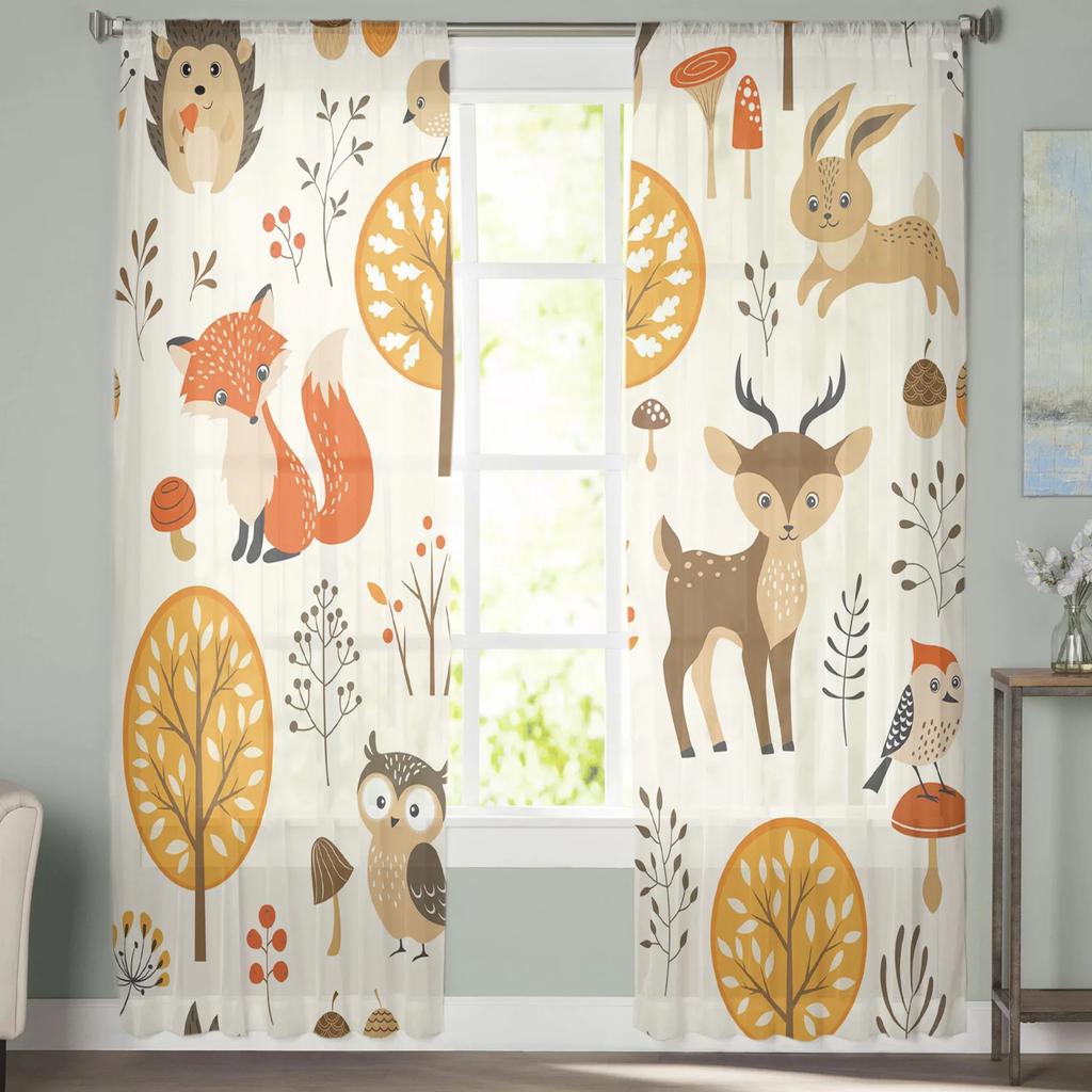 Forest Animal Woods Owl Fox Deer Tulle Sheer Window Curtains for Living Room Kitchen Children Bedroom Voile Hanging Curtain