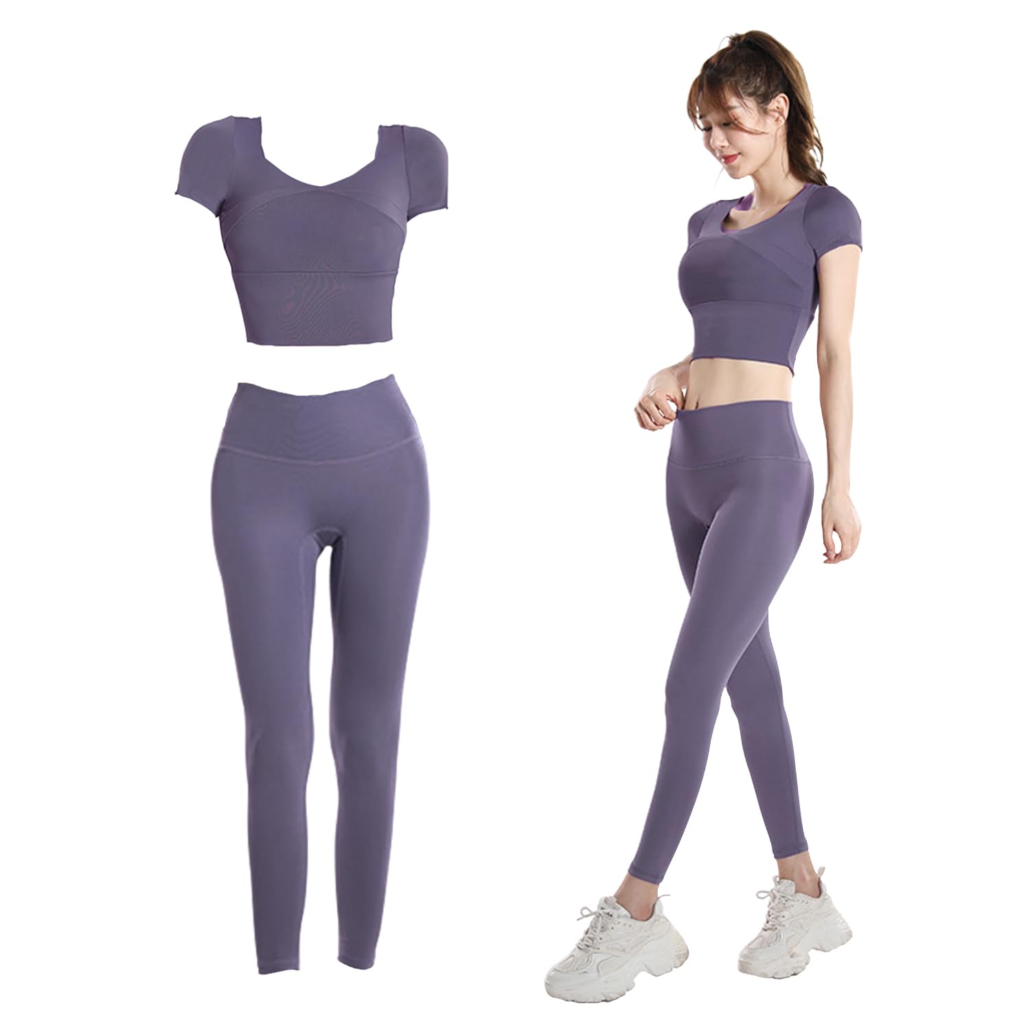

SooPii Топ и низ для йоги Спортивная и тренировочная одежда Комплект с половинным спортивным йогой и леггинсами Высокий темный женский комплект, Одежда, 2-предметный рукава, Бюстгальтер, Брюки,