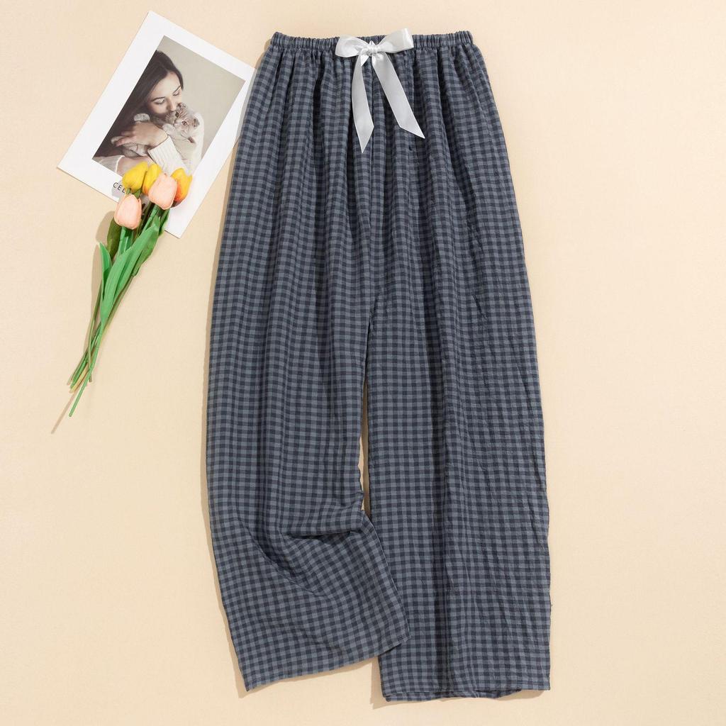 Women's Summer Plaid Wide-Leg Cotton Pajama Pants - Yarn-Dyed, Plus Size, Suitable for Outdoor Wear