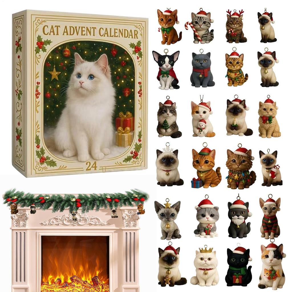 Advent Calendar 2025 24 Days Christmas Countdown with 24Pcs 2D Acrylic Cute Kitten Tree Decoration for Xmas Cat Lovers Gifts